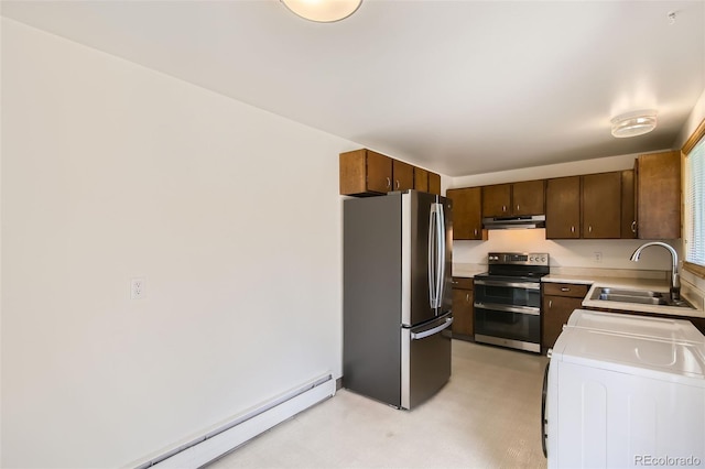 kitchen with appliances with stainless steel finishes, sink, separate washer and dryer, and a baseboard radiator