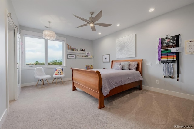 bedroom featuring baseboards, carpet flooring, a ceiling fan, and recessed lighting