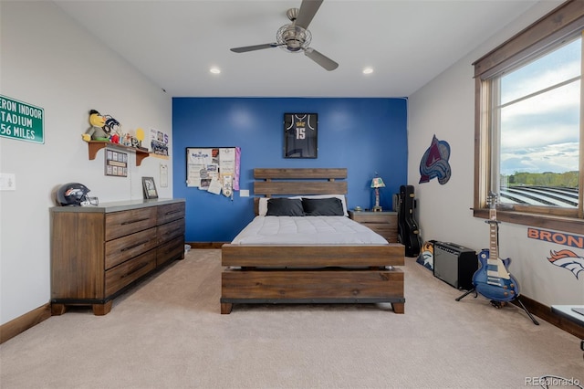 bedroom featuring recessed lighting, a ceiling fan, light colored carpet, and baseboards