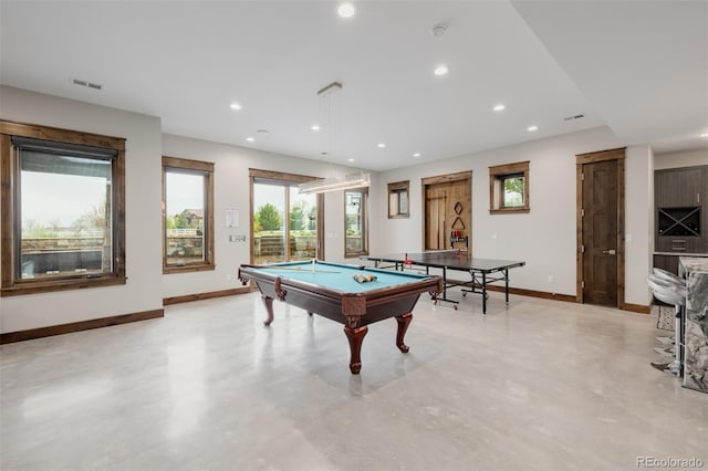 rec room featuring visible vents, billiards, baseboards, and recessed lighting
