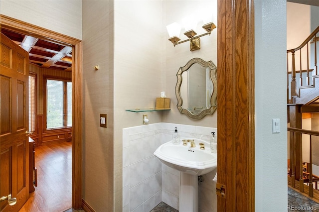 3935 Pierson St, Wheat Ridge, CO 80033 - bathroom featuring coffered ceiling, beam ceiling, and wood finished floors