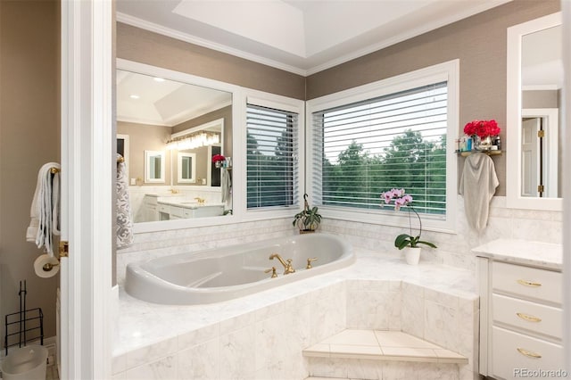 3935 Pierson St, Wheat Ridge, CO 80033 - full bathroom featuring vanity, a garden tub, and ornamental molding