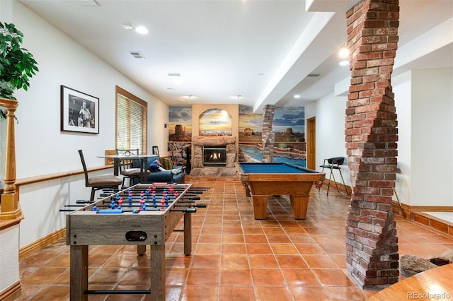 3935 Pierson St, Wheat Ridge, CO 80033 - rec room featuring ornate columns, a warm lit fireplace, light tile patterned flooring, pool table, and recessed lighting