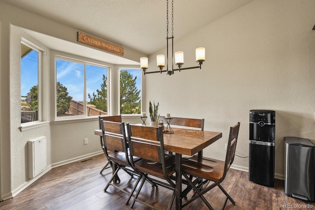 1457 Rosedale St, Castle Rock, CO 80104 - dining area with baseboards, a chandelier, dark wood-type flooring, a textured wall, and vaulted ceiling