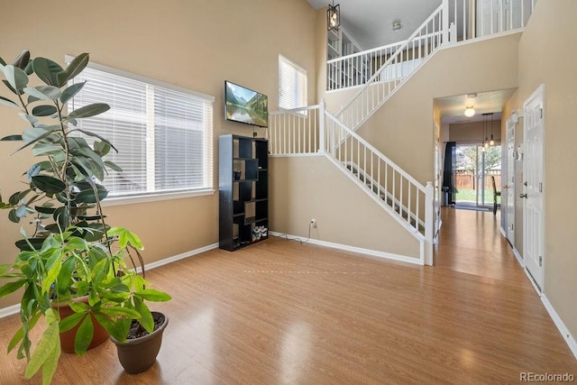 foyer with a towering ceiling and hardwood / wood-style flooring