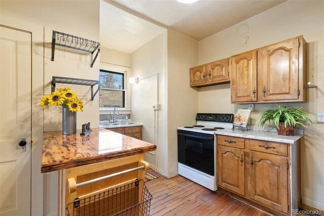 kitchen with hardwood / wood-style floors, white electric range oven, and sink