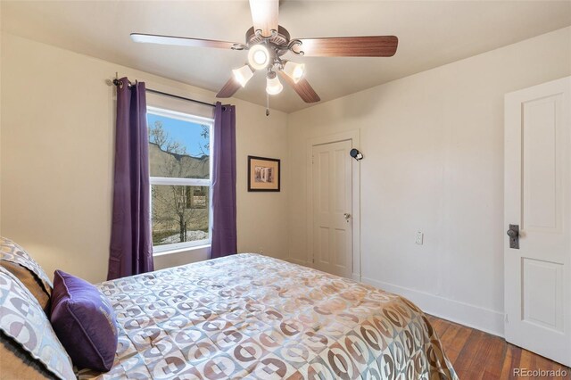 bedroom featuring dark hardwood / wood-style flooring and ceiling fan