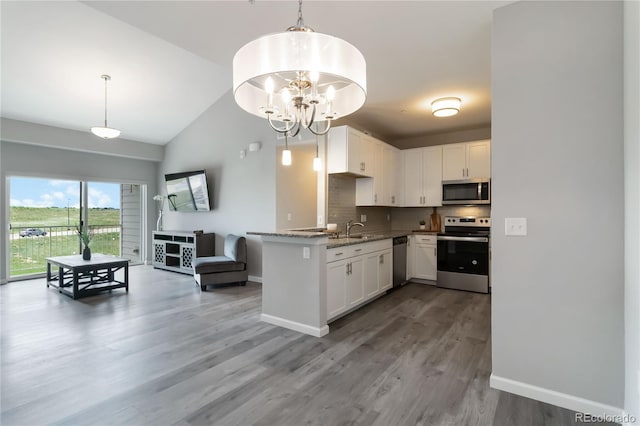 15700 E Jamison Dr Unit 305, Englewood, CO 80112 - kitchen with stainless steel appliances, white cabinetry, wood finished floors, light stone countertops, and vaulted ceiling