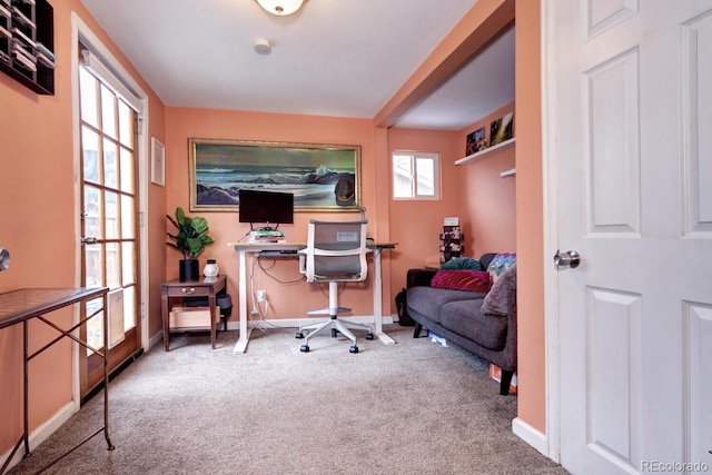 home office with light colored carpet