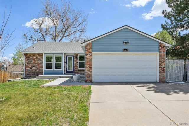ranch-style home with a front yard, a garage, brick siding, fence, and concrete driveway
