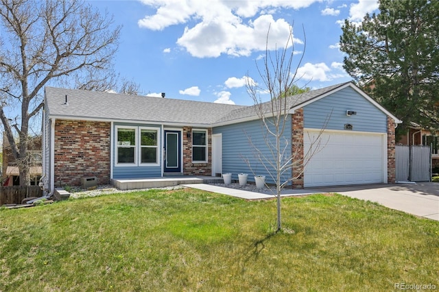 ranch-style home featuring a garage, a front lawn, fence, brick siding, and driveway