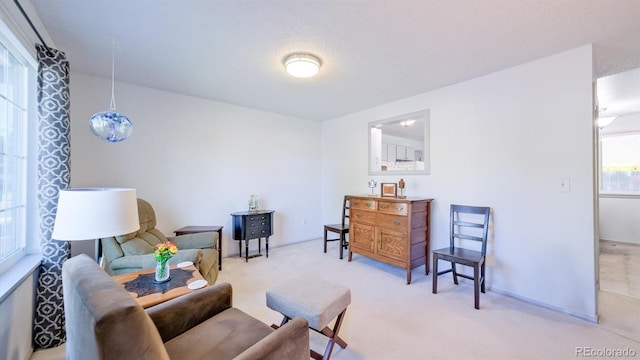 sitting room with light colored carpet and a textured ceiling