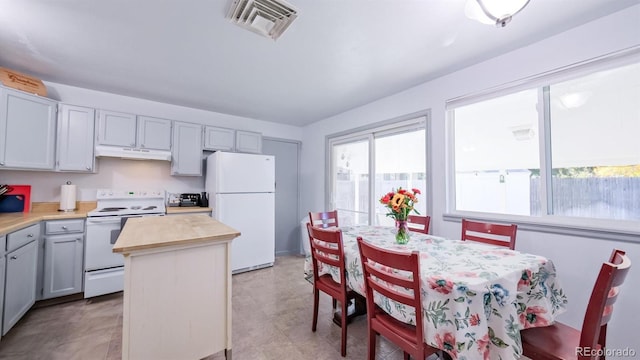 kitchen with gray cabinets, a kitchen island, butcher block counters, and white appliances