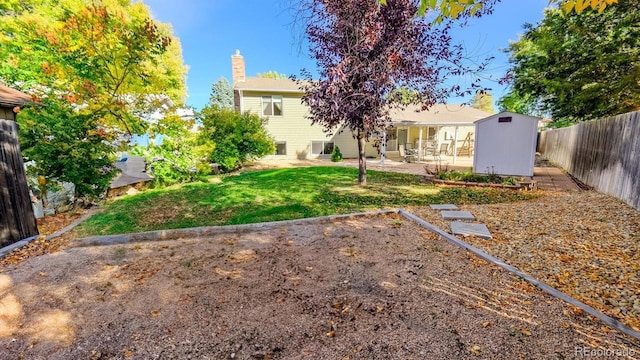 view of yard featuring a patio and a shed