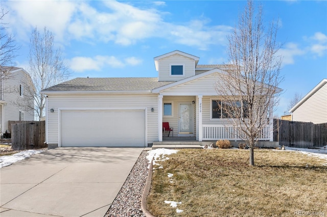 ranch-style home featuring concrete driveway, covered porch, fence, and an attached garage