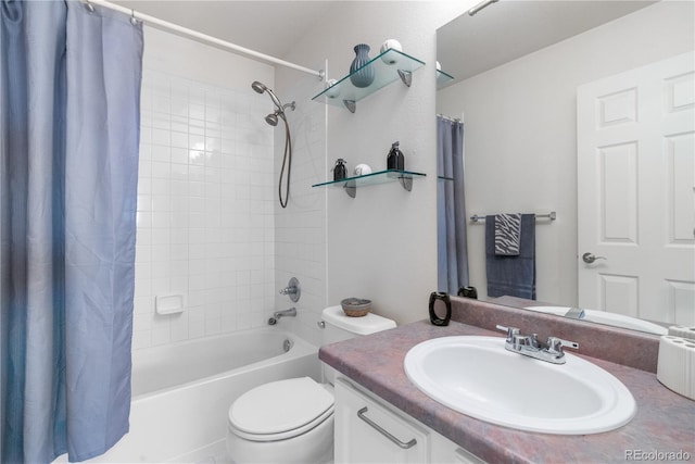 bathroom with toilet, shower / bath combination with curtain, and vanity