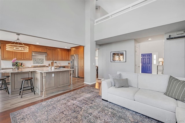 living area featuring light wood-type flooring, recessed lighting, baseboards, and a barn door