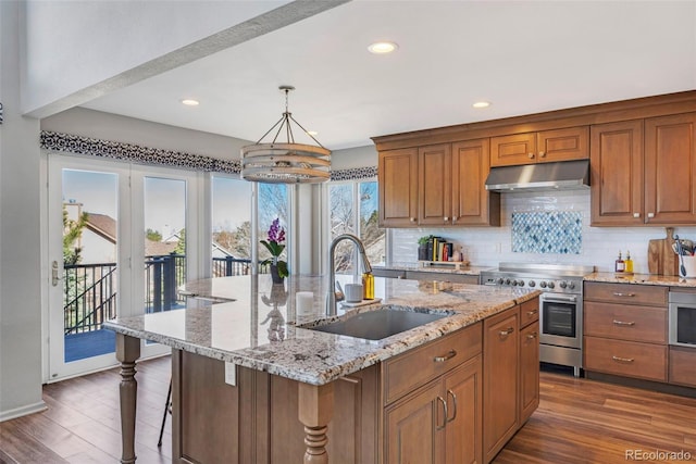 kitchen featuring decorative backsplash, dark wood-style flooring, high end stove, under cabinet range hood, and a sink