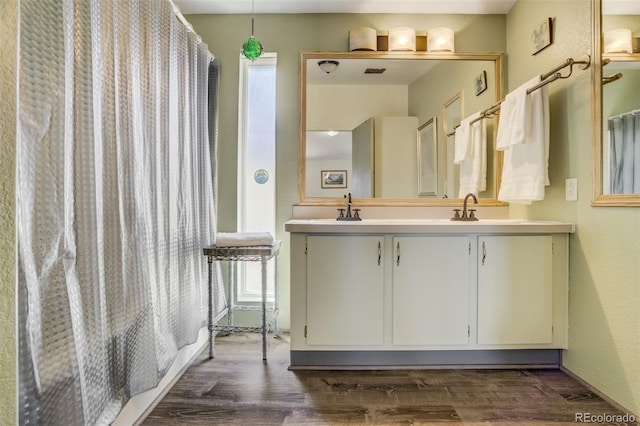 464 Hackamore Dr, Florissant, CO 80816 - full bathroom featuring double vanity, curtained shower, wood finished floors, and a sink