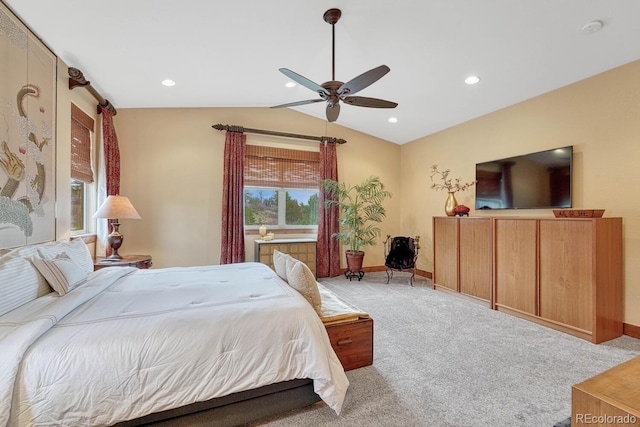bedroom with vaulted ceiling, baseboards, carpet, a ceiling fan, and recessed lighting