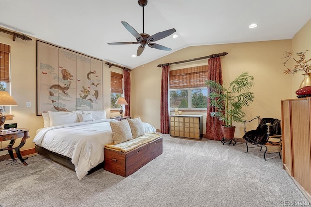bedroom with lofted ceiling, carpet floors, baseboards, a ceiling fan, and recessed lighting