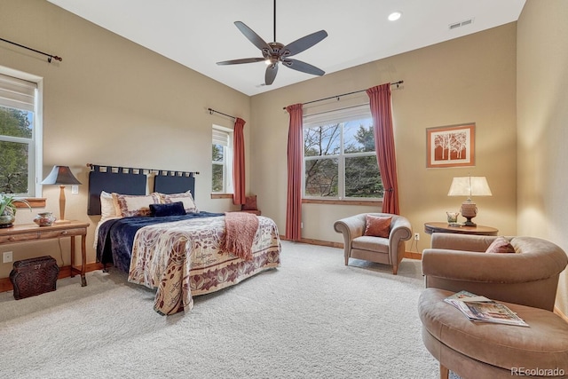 carpeted bedroom with baseboards, ceiling fan, and recessed lighting
