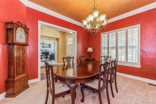 dining space featuring an inviting chandelier, light colored carpet, baseboards, and ornamental molding