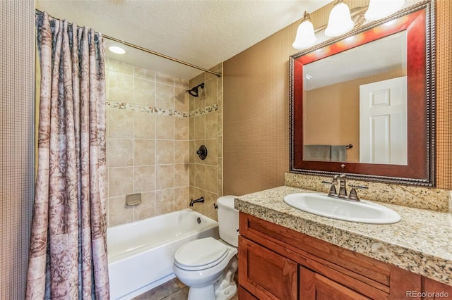 bathroom with shower / bathtub combination with curtain, a textured ceiling, vanity, and toilet