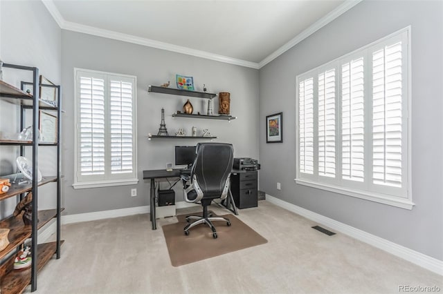 carpeted office with visible vents, baseboards, and ornamental molding