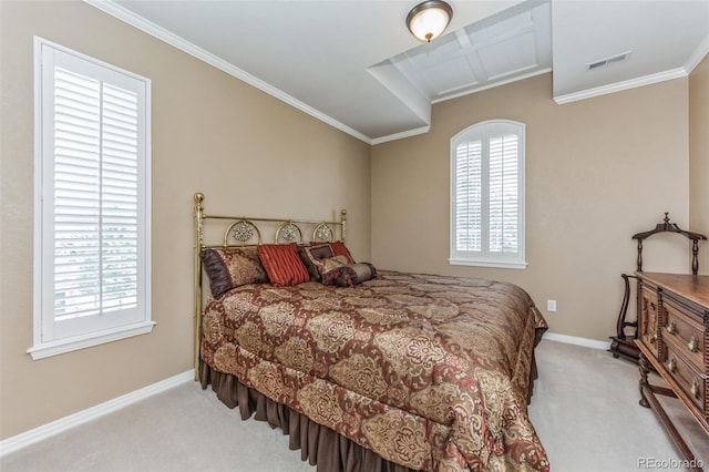 carpeted bedroom with visible vents, multiple windows, and crown molding