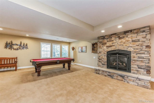 game room featuring recessed lighting, billiards, baseboards, and carpet floors