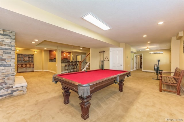 rec room with recessed lighting, baseboards, billiards, and carpet