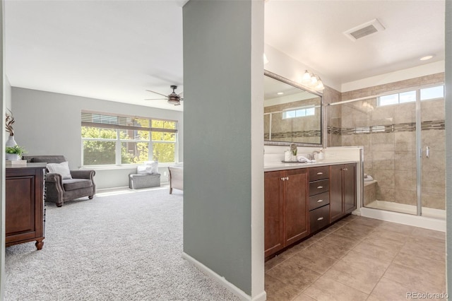16694 Miners Way, Broomfield, CO 80023 - full bath with vanity, a stall shower, and a ceiling fan