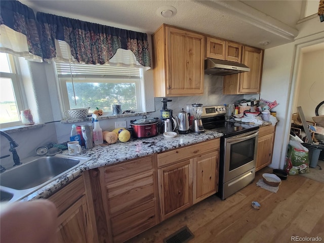 71777 E County Road 10, Byers, CO 80103 - kitchen featuring stainless steel electric range, under cabinet range hood, and light wood-style floors