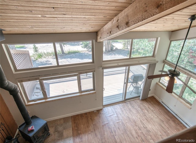 interior space with a baseboard radiator, wooden ceiling, and a wood stove