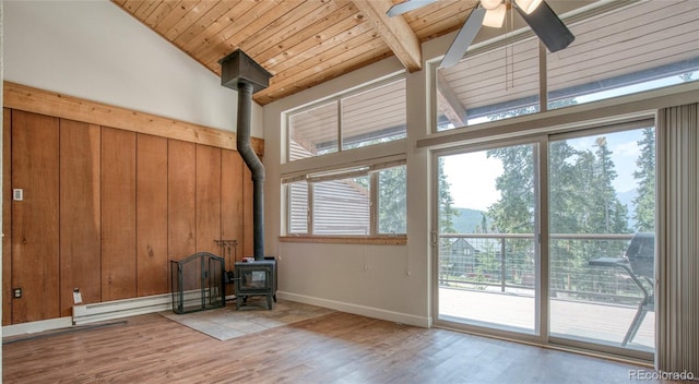 interior space featuring wood ceiling, baseboards, a ceiling fan, light wood finished floors, and a wood stove