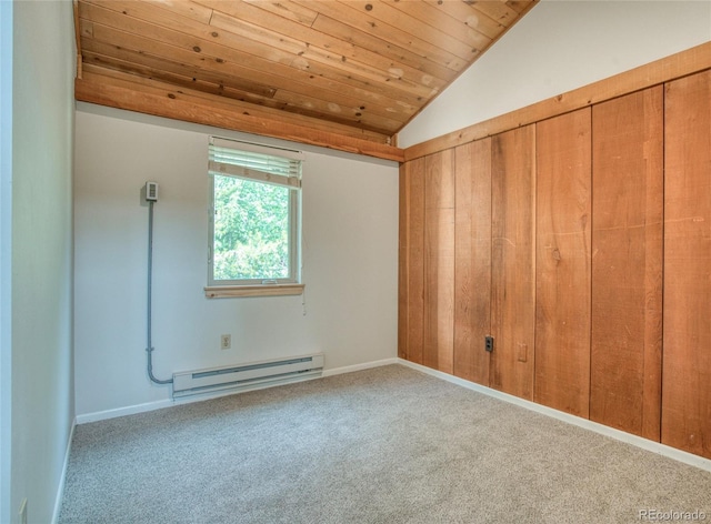 carpeted spare room featuring vaulted ceiling, a baseboard radiator, wood ceiling, and baseboards