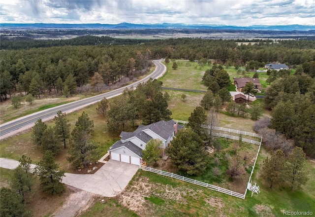 bird's eye view with a forest view and a mountain view