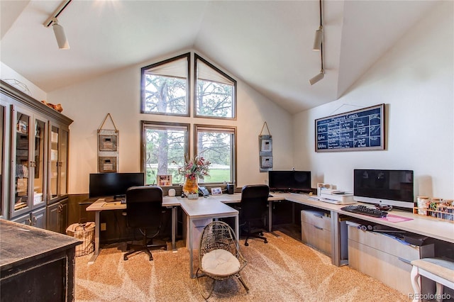 home office with high vaulted ceiling, rail lighting, and wainscoting