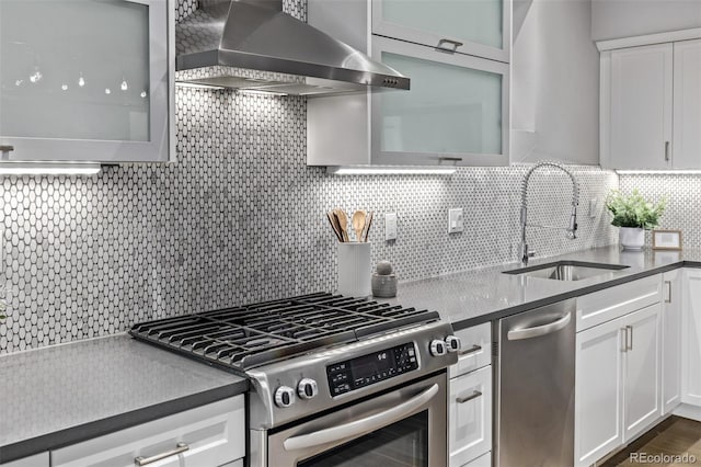 kitchen with decorative backsplash, wall chimney exhaust hood, stainless steel appliances, white cabinetry, and a sink