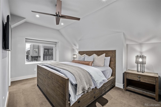 bedroom featuring vaulted ceiling, carpet floors, recessed lighting, and baseboards