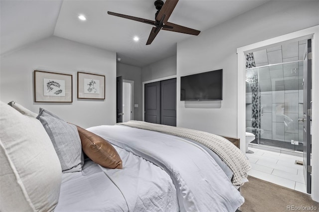 carpeted bedroom featuring recessed lighting, a closet, lofted ceiling, ceiling fan, and ensuite bath