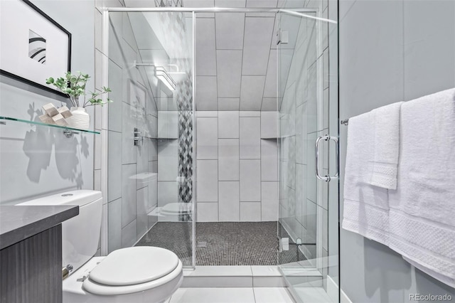 full bathroom featuring a shower stall and toilet