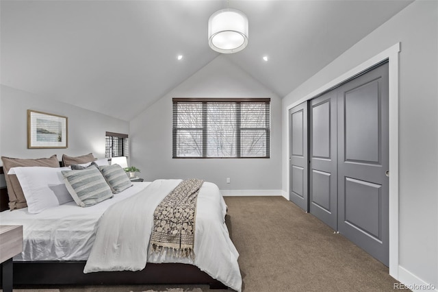 bedroom featuring recessed lighting, a closet, carpet flooring, vaulted ceiling, and baseboards