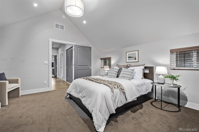 bedroom with baseboards, visible vents, carpet floors, high vaulted ceiling, and recessed lighting