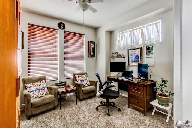 office space featuring a ceiling fan and carpet floors