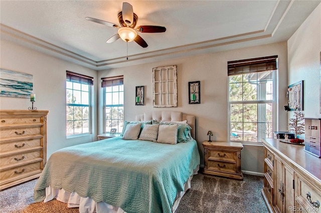 bedroom featuring dark colored carpet, a tray ceiling, and multiple windows