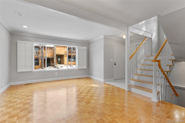 unfurnished living room with recessed lighting, stairway, baseboards, and ornamental molding