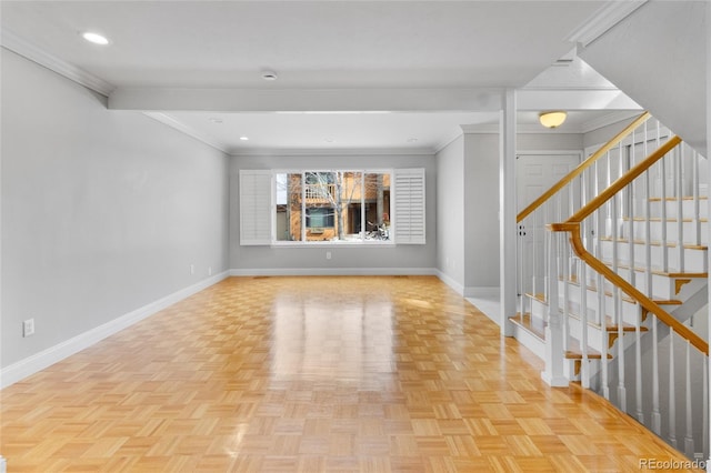 unfurnished room with stairs, baseboards, recessed lighting, and crown molding