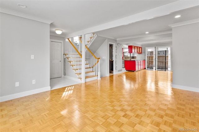 unfurnished living room with recessed lighting, stairway, baseboards, and ornamental molding